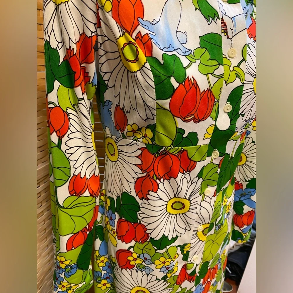 Vintage Anika Mod Flower Power Long Sleeve Maxi Dress Sz M Dagger Collar - Picture 12 of 14